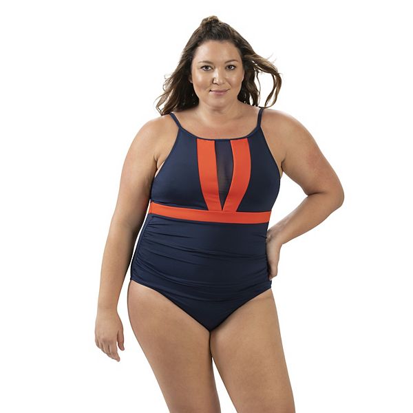 Womens Dolfin Aquashape Upf 50 Colorblock Boatneck One Piece Swimsuit 