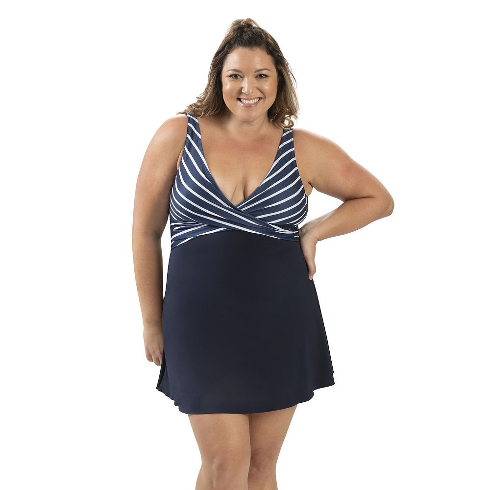 Knee Length Swim Dress Women's Aquashape Wrap Front Swim Dress: Black And  White Size: 14 Dolfin
