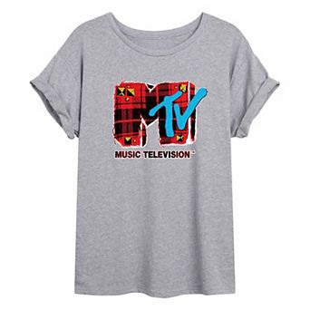 Juniors' MTV Logo Grunge Plaid Oversized Tee