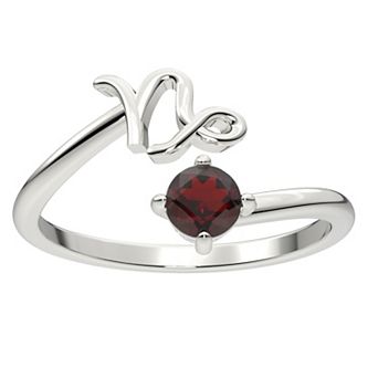 Sterling Silver Garnet Capricorn Zodiac Sign Bypass Ring