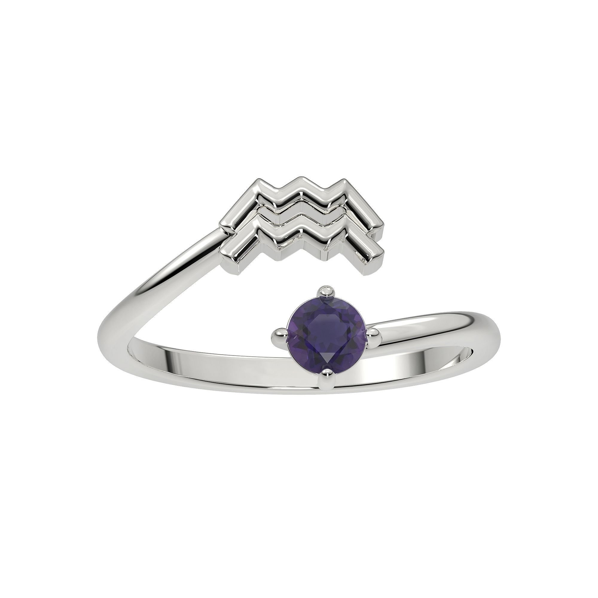 Sterling Silver Amethyst Aquarius Zodiac Sign Bypass Ring, Womens, Size: 5
