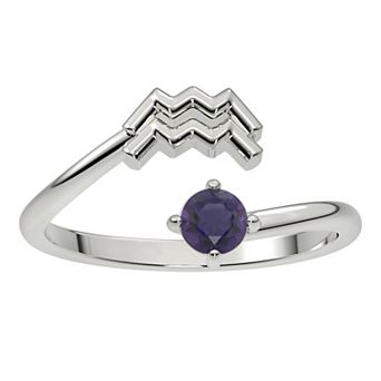 Sterling Silver Amethyst Aquarius Zodiac Sign Bypass Ring