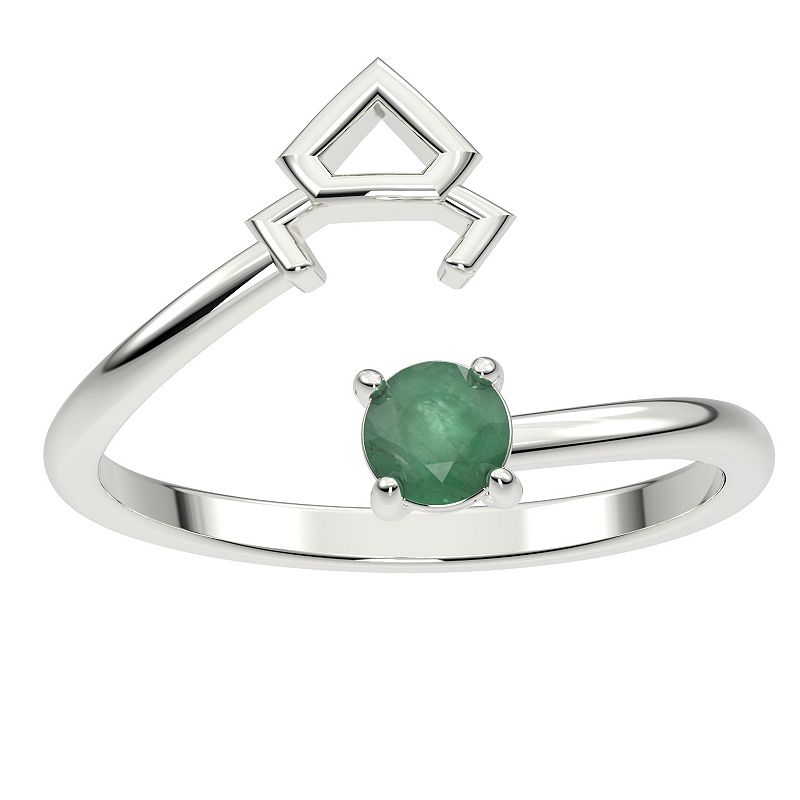 Sterling Silver Emerald Taurus Zodiac Sign Bypass Ring, Womens, Size: 7, G