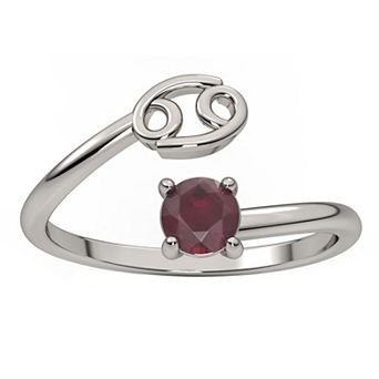 Sterling Silver Ruby Cancer Zodiac Sign Bypass Ring