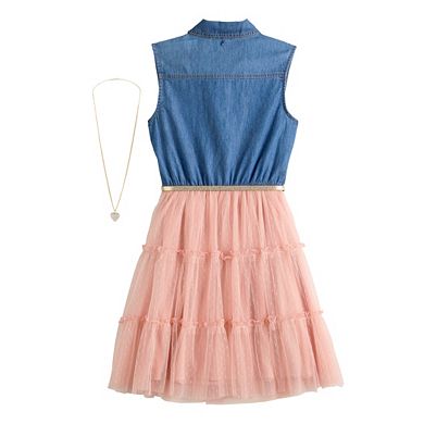 Girls 4-16 Knit Works Denim Tiered Shirt Dress, Belt & Necklace Set Reg & Plus