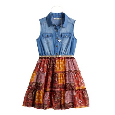 Girls 4-16 Knit Works Denim Tiered Shirt Dress, Belt & Necklace Set Reg &  Plus
