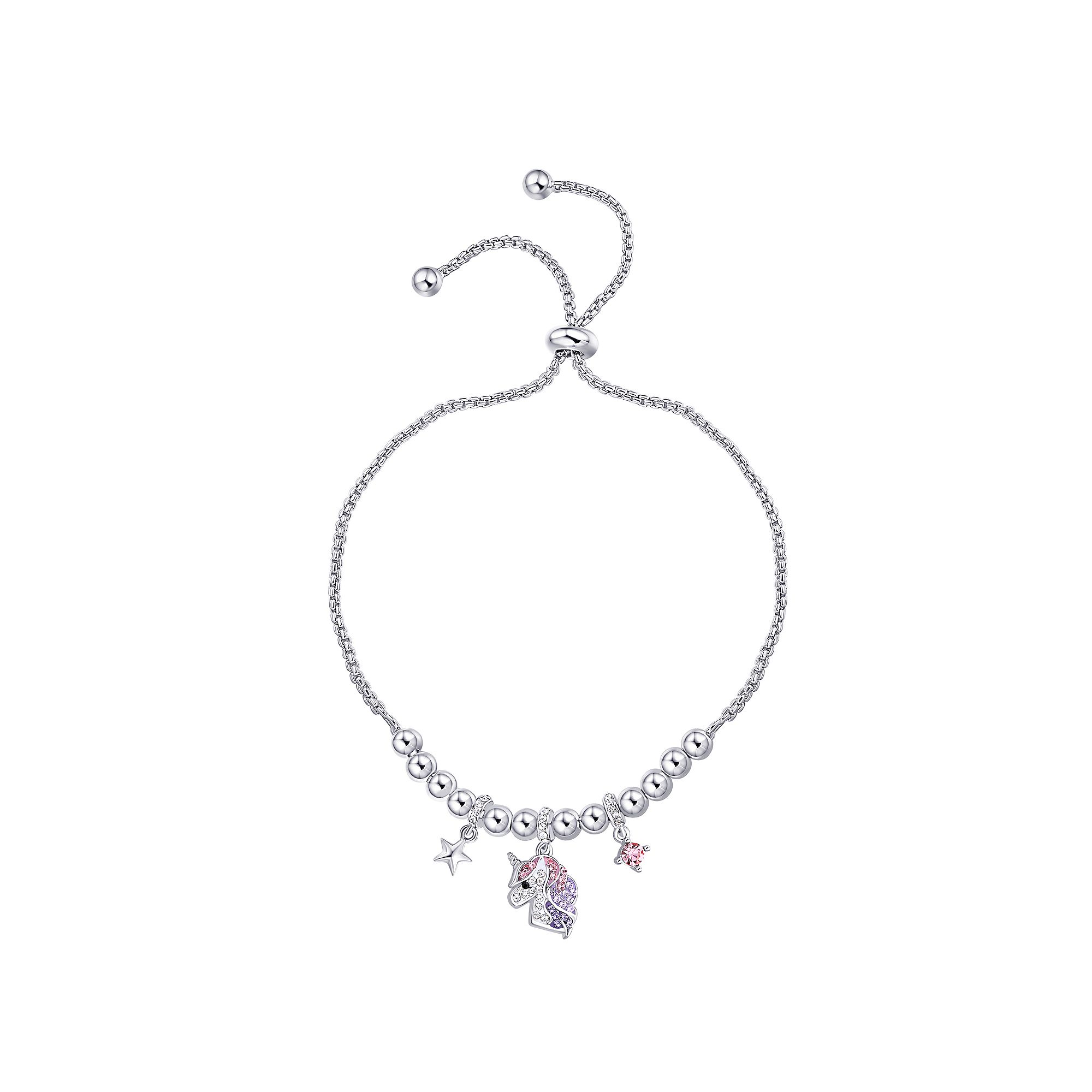 Crystal Collective Fine Silver Plated Pink Crystal Multi Charm Unicorn Adj