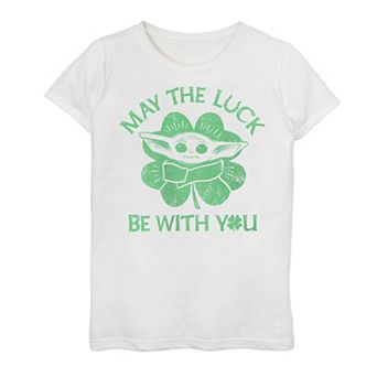 Girls 7-16 Star Wars The Mandalorian May The Luck Be With You Shamrock Grogu aka Baby Yoda White Graphic Tee