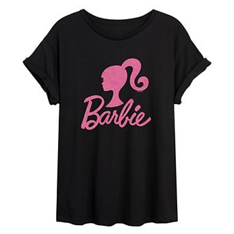 Juniors' Barbie Logo Glitter Oversized Tee