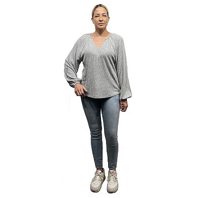 I Am by Studio 51 V Neck Popover, Loose Fit, Cozy Knit Rib Fabric, Cinched Sleeves, High-Low Hem