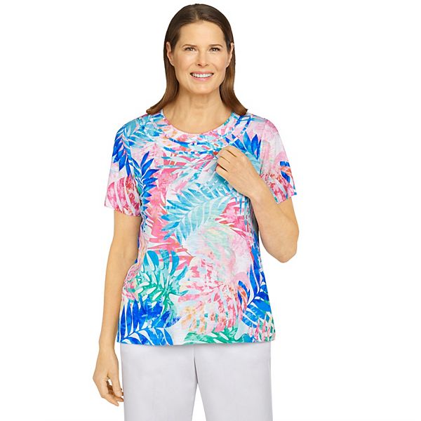 Petite Alfred Dunner Tropical Leaf Soft Knit Top