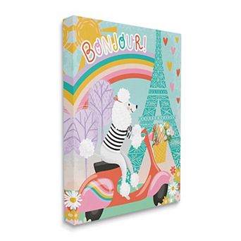 Stupell Home Decor Poodle Driving Moped Bonjour Eiffel Tower Canvas Wall Art
