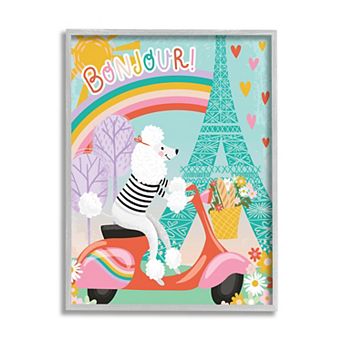 Stupell Home Decor Poodle Driving Moped Bonjour Eiffel Tower Framed Wall Art