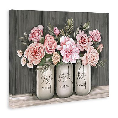 Stupell Home Decor Blossoming Pink Rose Bouquets Rustic Country Jars Wall Art