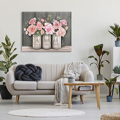 Stupell Home Decor Blossoming Pink Rose Bouquets Rustic Country Jars Wall Art