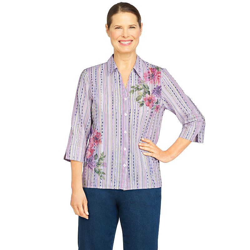 Womens Alfred Dunner Asymmetric Floral Woven Top, Size: Small, Purple