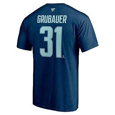 Men's Fanatics Branded Philipp Grubauer Deep Sea Blue Seattle Kraken Authentic Stack Name & Number T-Shirt