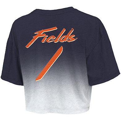 Women's Majestic Threads Justin Fields Navy/White Chicago Bears Drip-Dye Player Name & Number Tri-Blend Crop T-Shirt