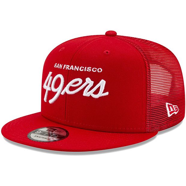 Men's New Era Scarlet San Francisco 49ers Script Trucker 9FIFTY Snapback Hat