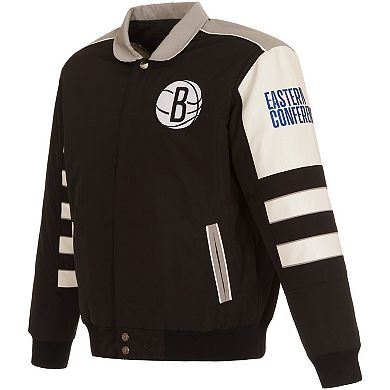 Men's JH Design Black Brooklyn Nets Stripe Colorblock Nylon Reversible Full-Snap Jacket