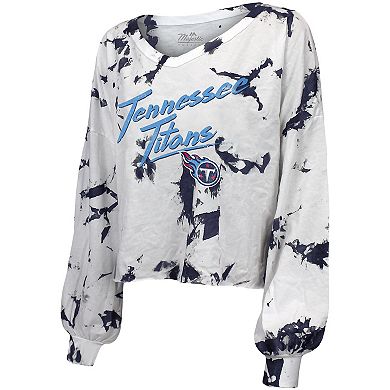 Women's Majestic Threads White/Navy Tennessee Titans Off-Shoulder Tie-Dye V-Neck Long Sleeve T-Shirt