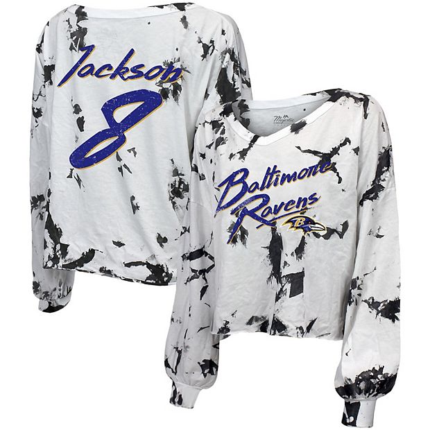 Women's Lamar Jackson White Baltimore Ravens Off-Shoulder Tie-Dye Name &  Number Long Sleeve V