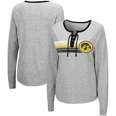 Women's Colosseum Heathered Gray Iowa Hawkeyes Sundial Tri-Blend Long Sleeve Lace-Up T-Shirt