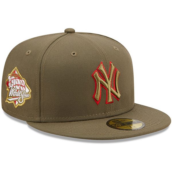 Men\'s New Era Olive New York Yankees 1999 World Series Scarlet Undervisor  59FIFTY Fitted Hat