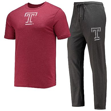 Men's Concepts Sport Heathered Charcoal/Cherry Temple Owls Meter T-Shirt & Pants Sleep Set