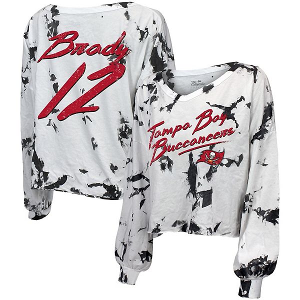 Women's Tom Brady White Tampa Bay Buccaneers Off-Shoulder Tie-Dye Name &  Number Long Sleeve V-Neck T-Shirt