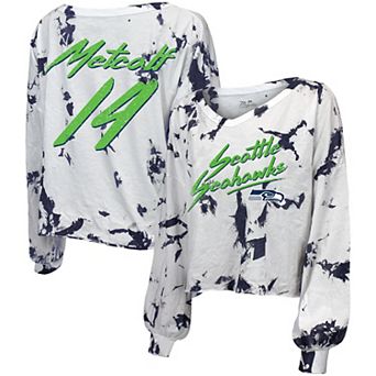 Women's DK Metcalf White Seattle Seahawks Off-Shoulder Tie-Dye Name & Number Long Sleeve V-Neck T-Shirt