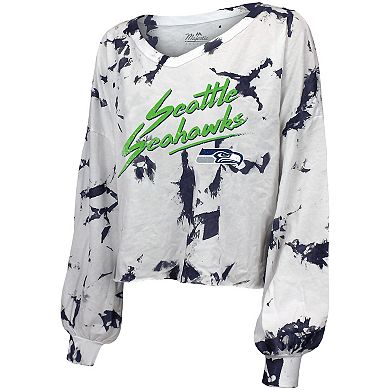 Women's DK Metcalf White Seattle Seahawks Off-Shoulder Tie-Dye Name & Number Long Sleeve V-Neck T-Shirt