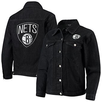 Women's The Wild Collective Black Brooklyn Nets Patch Denim Button-Up Jacket