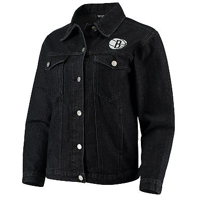 Women's The Wild Collective Black Brooklyn Nets Patch Denim Button-Up Jacket