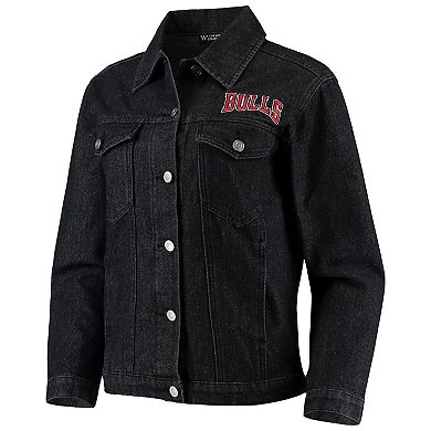 Women's The Wild Collective Black Chicago Bulls Patch Denim Button-Up Jacket