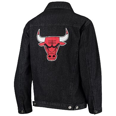 Women's The Wild Collective Black Chicago Bulls Patch Denim Button-Up Jacket