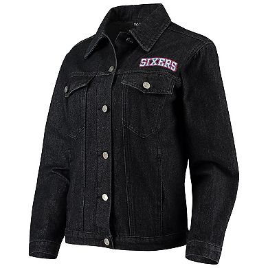 Women's The Wild Collective Black Philadelphia 76ers Patch Denim Button-Up Jacket