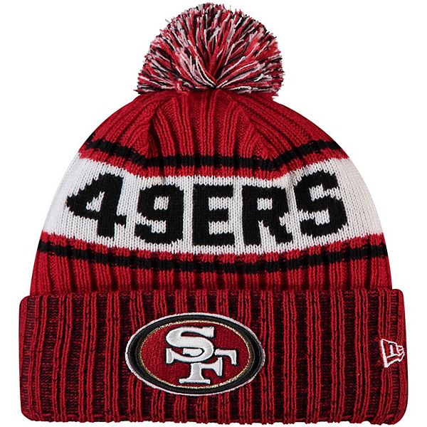 New Era San Francisco 49ers White/Scarlet Sweater Script Cuffed Knit Hat  with Pom