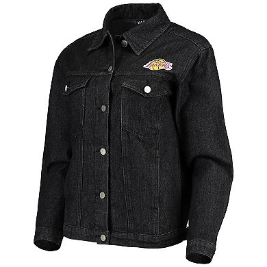 Women's The Wild Collective Black Los Angeles Lakers Patch Denim Button-Up Jacket