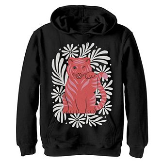 Boys 8-20 Pink Tiger Flower Background Hoodie
