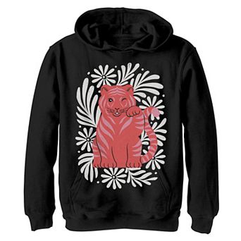 Boys 8-20 Pink Tiger Flower Background Hoodie