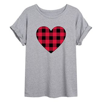 Juniors' Plaid Heart Oversized Tee