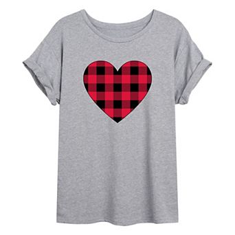 Juniors' Plaid Heart Oversized Tee