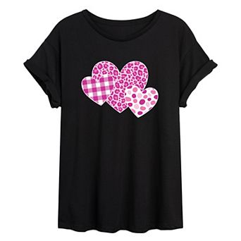 Juniors' Patterned Hearts Oversized Tee
