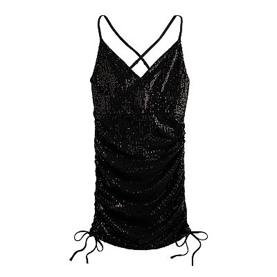 Juniors Live To Be Spoiled Sequined Side Ruched Bodycon Mini Dress