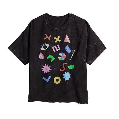 Juniors' Hangul & Abstract Shapes Mineral Wash Crop Top Graphic Tee