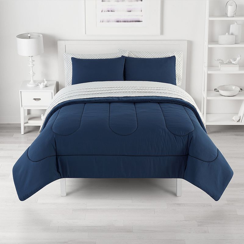 The Big One Navy Plush Reversible Comforter Set with Sheets, Blue, Twin