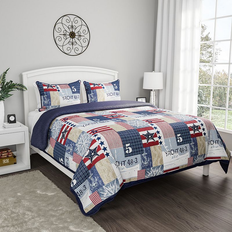 Hastings Home Nautical Americana Quilt Set with Shams, Multicolor, King