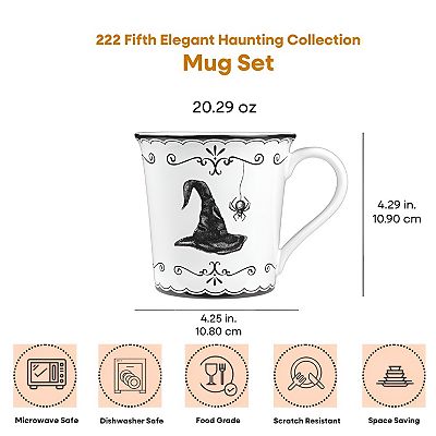 222 Fifth Elegant Haunting 4-Piece White Porcelain Halloween Mug Set - Witch Hat, Jack-o-Lantern, Potion Bottles & Spider - 20.29 oz
