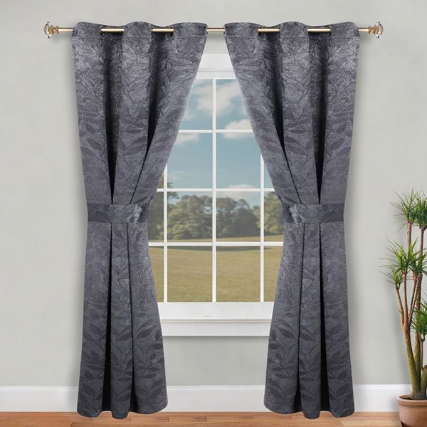 SUPERIOR Leaves Insulated Thermal 2-Pack Room Darkening Grommet Window Curtain Panels - Charcoal (46X84)